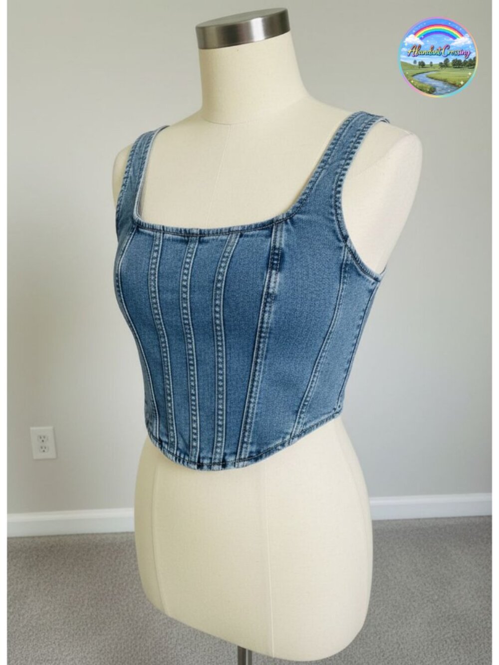 Square Neck Corset Denim Zip Up Back Crop Top Sleeveless